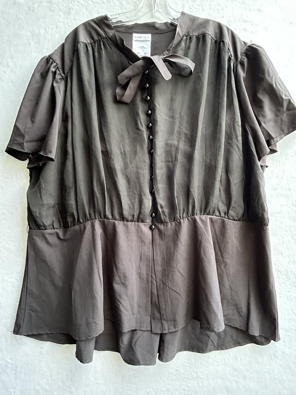 CHICstar Black Satin Polyester Spandex Button Front Bow Short Sleeve Blouse 3X